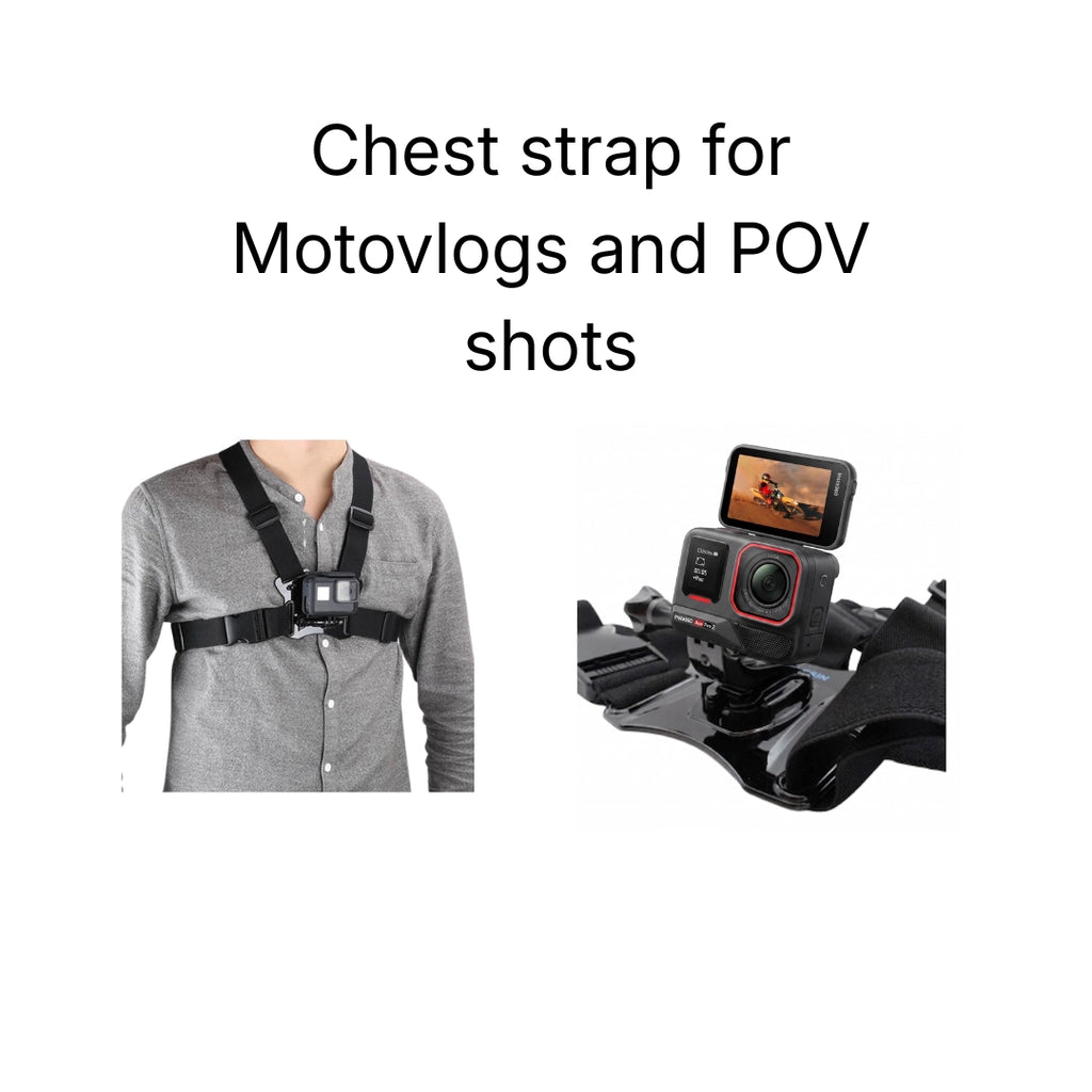 Chest strap for motovlogs and POV shots with a camera attached on a white background