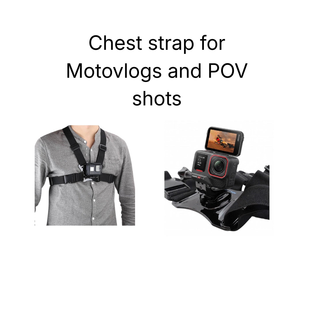 Chest strap for motovlogs and POV shots with a camera attached on a white background