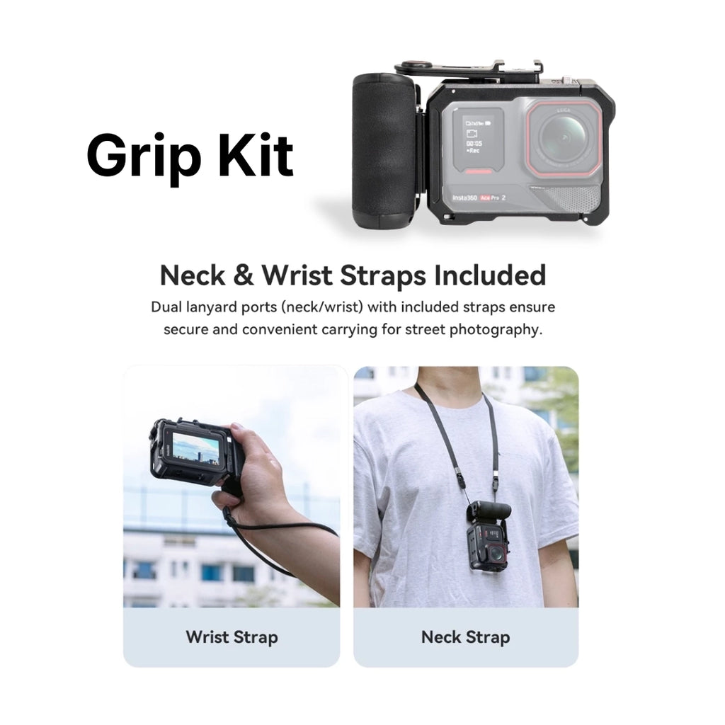 Grip kit with neck and wrist straps for camera on a white background