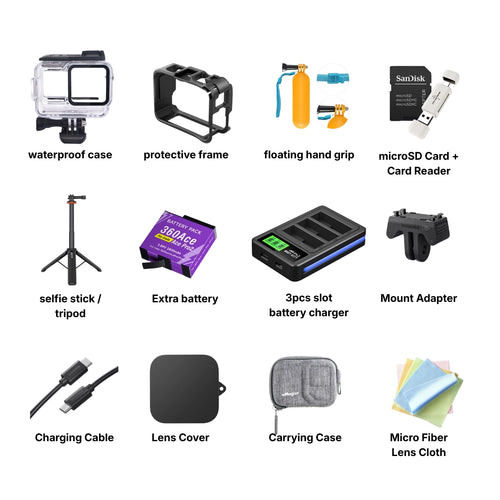 Collection of camera accessories including waterproof case, protective frame, floating hand grip, and more on a white background.