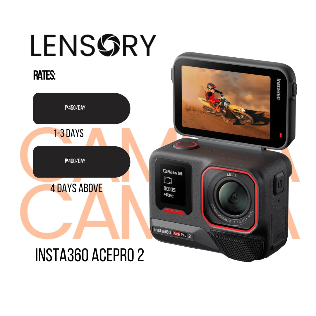 Action camera with screen displaying a rider on a motorcycle, branded 'Lensory', on a white background.